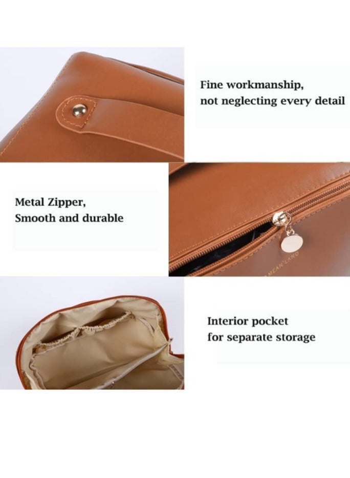 OASIS-TH Large Capacity Travel Cosmetic Bag, Waterproof Open Flat Travel Make up Bag Portable PU Leather Everything Cosmetics Bag Brown - Image 4