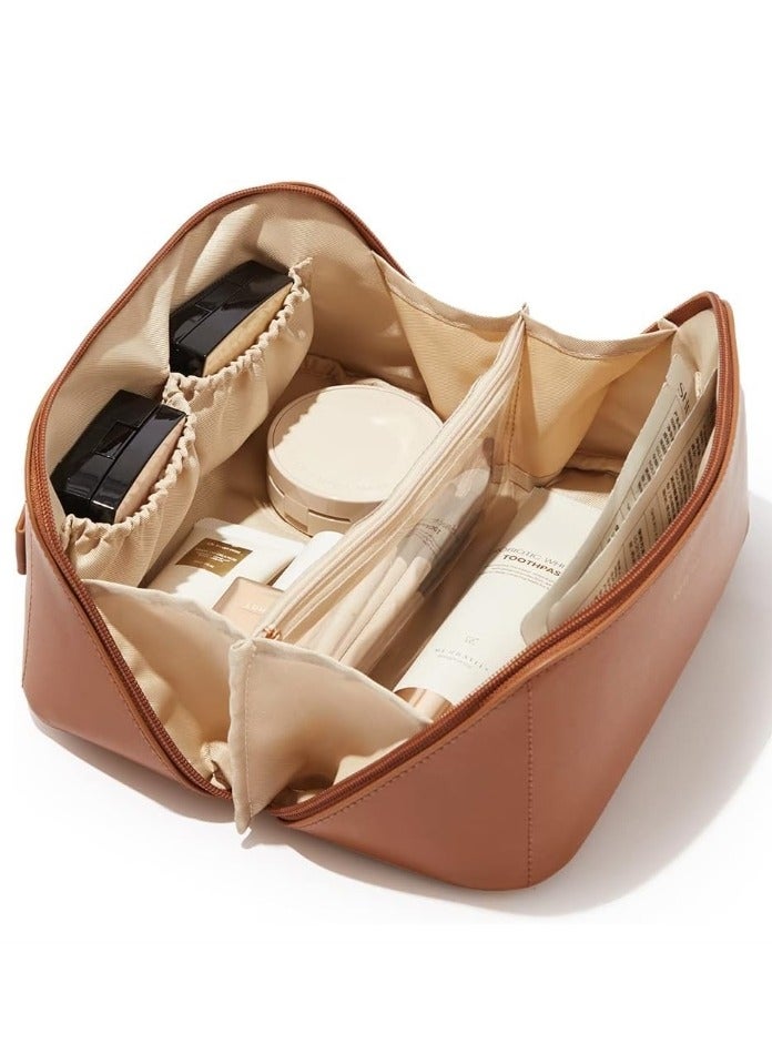 OASIS-TH Large Capacity Travel Cosmetic Bag, Waterproof Open Flat Travel Make up Bag Portable PU Leather Everything Cosmetics Bag Brown - Image 5