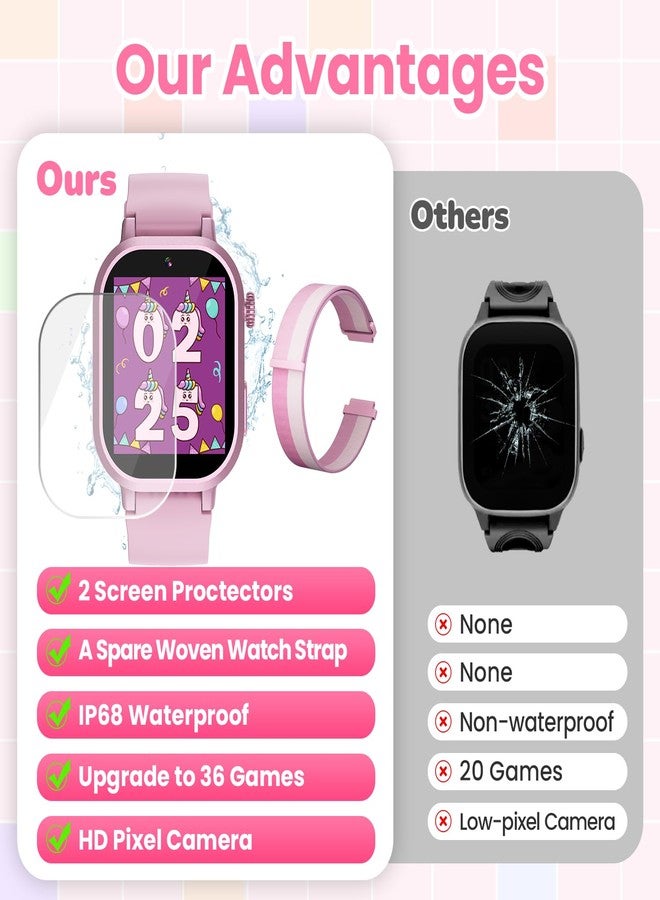 Melontti Waterproof Smart Watch for Kids Girls Ages 5-12 with 39 Games, HD Camera, Video, Music, Habit Tracking, Alarm, Pedometer, Kids Smart Watch Chrismars Birthday Gift for Girls Age 5 6 7 8(Pink) - Image 3