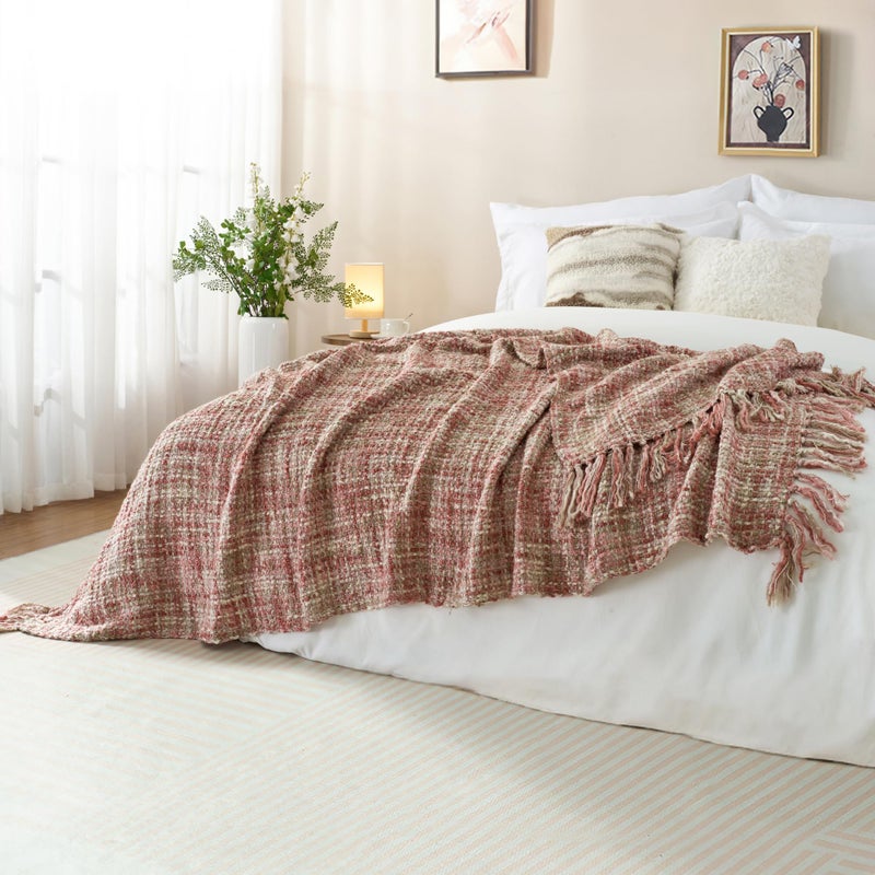 GINAMUSE Multi-Color Light Pink Cable Woven Throw Blanket for Couch,50"X60" Boho Style Textured Blankets for Home Decor,Super Soft Warm Cozy Chunky Blanket with Decorative Tassels for Bed - Image 5