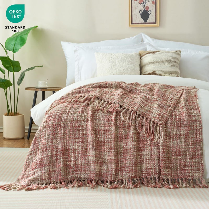 GINAMUSE Multi-Color Light Pink Cable Woven Throw Blanket for Couch,50"X60" Boho Style Textured Blankets for Home Decor,Super Soft Warm Cozy Chunky Blanket with Decorative Tassels for Bed - Image 2
