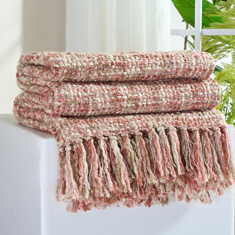 GINAMUSE Multi-Color Light Pink Cable Woven Throw Blanket for Couch,50"X60" Boho Style Textured Blankets for Home Decor,Super Soft Warm Cozy Chunky Blanket with Decorative Tassels for Bed - Image 1