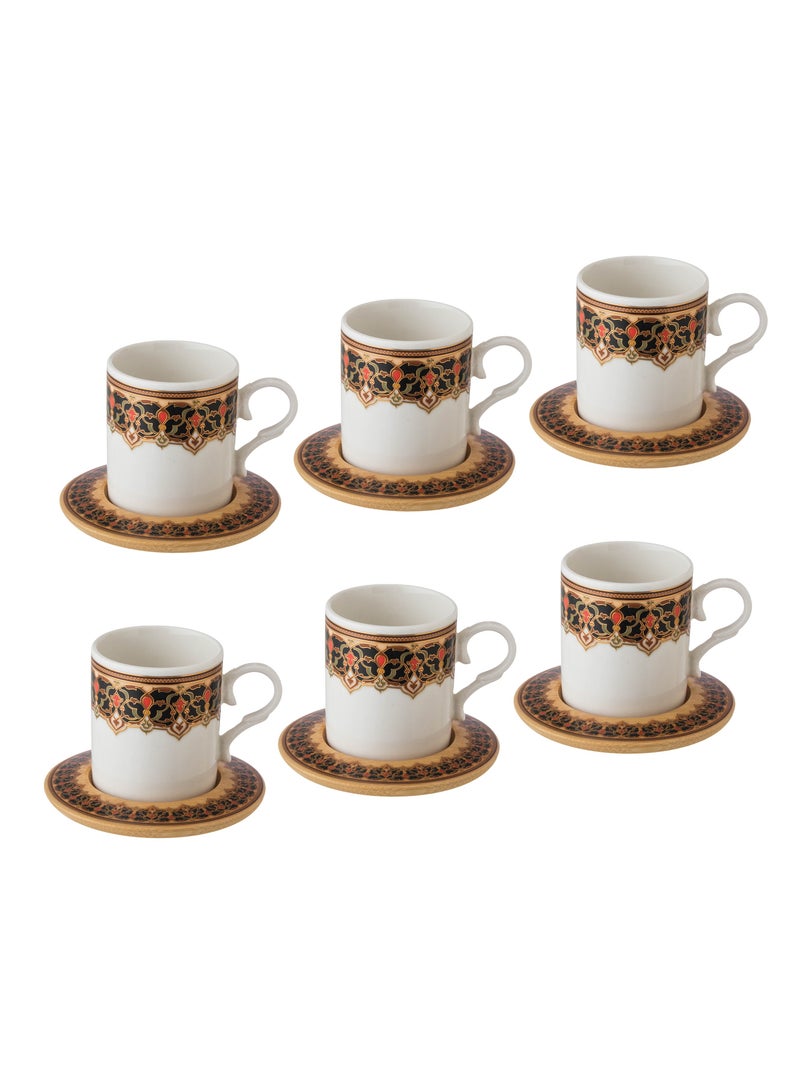 Porcelain coffee cup set with beautiful engravings and wooden saucers, consisting of 6 cups + 6 saucers