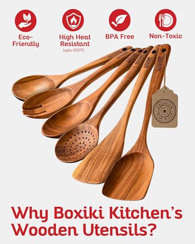 Boxiki Kitchen Luxury Teak Wood Utensil Set - Elegant 6-Piece Cooking Ensemble Including Spoons, Server, Scraper & Spatula - Expertly Crafted for Culinary Excellence - Image 4
