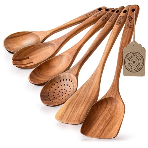 Boxiki Kitchen Luxury Teak Wood Utensil Set - Elegant 6-Piece Cooking Ensemble Including Spoons, Server, Scraper & Spatula - Expertly Crafted for Culinary Excellence - Image 1