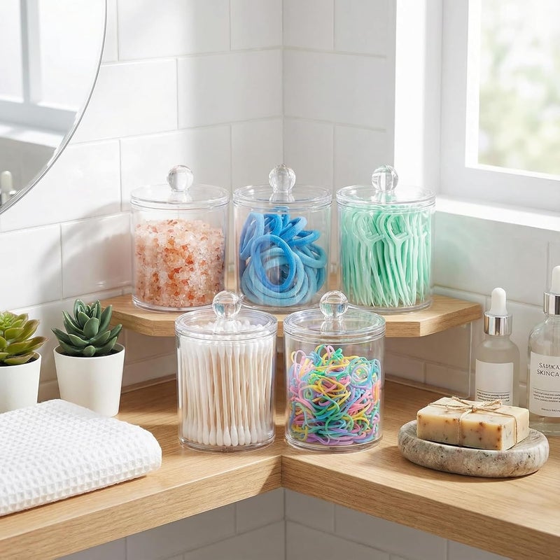 SheeChung 4-Pack Clear Acrylic Apothecary Jars with Labels - (2) 10oz & (2) 12oz Qtip Holder Set - Shatterproof Bathroom Vanity Organizer for Cotton Swabs, Balls, Pads - Minimalist Decor - Image 4