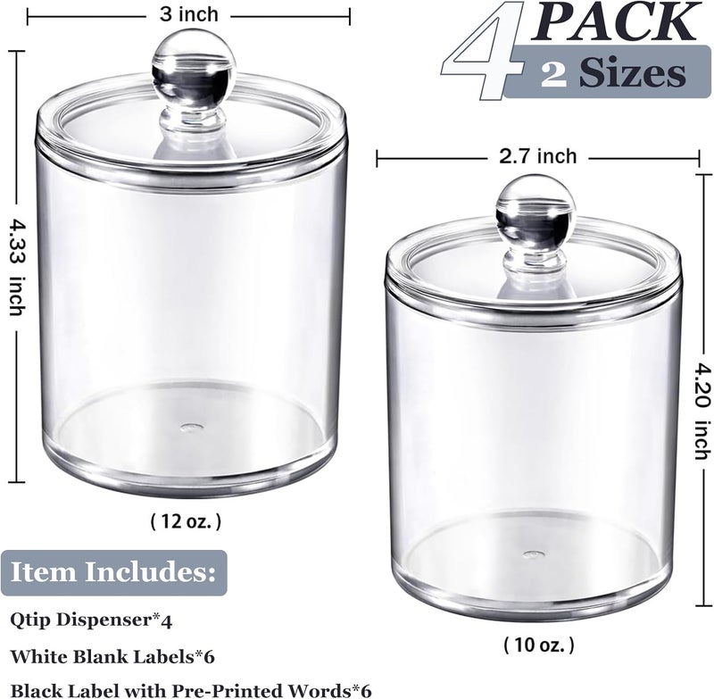 SheeChung 4-Pack Clear Acrylic Apothecary Jars with Labels - (2) 10oz & (2) 12oz Qtip Holder Set - Shatterproof Bathroom Vanity Organizer for Cotton Swabs, Balls, Pads - Minimalist Decor - Image 3