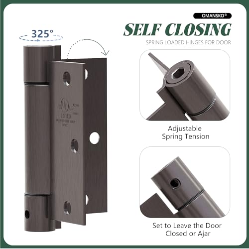 OMANSKO 2 Pack Self Closing Door Hinges 3.5 inch Oil Rubbed Bronze Door Hinges Spring Loaded Auto Close Hinges Square Corners Adjustable Tension for Interior Door 3 1/2 Auto Self-Closing Hinge - Image 4