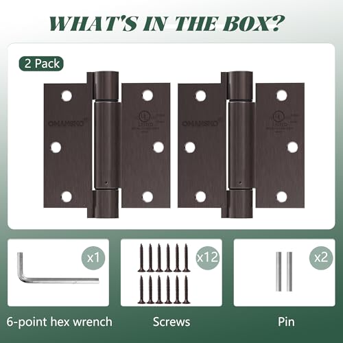 OMANSKO 2 Pack Self Closing Door Hinges 3.5 inch Oil Rubbed Bronze Door Hinges Spring Loaded Auto Close Hinges Square Corners Adjustable Tension for Interior Door 3 1/2 Auto Self-Closing Hinge - Image 2