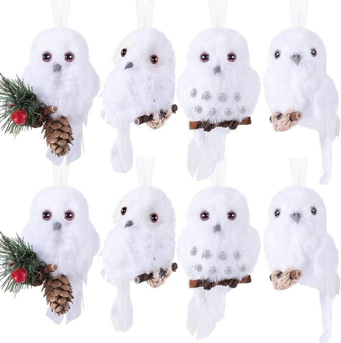 8 PIECES OWL CHRISTMAS TREE ORNAMENTS SNOWY BARN OWL WHITE BIRDS DECORATIONS FAUX FURRY CUTE ANIMAL WITH BRANCHES FOR WINDOW XMAS OFFICE HOME