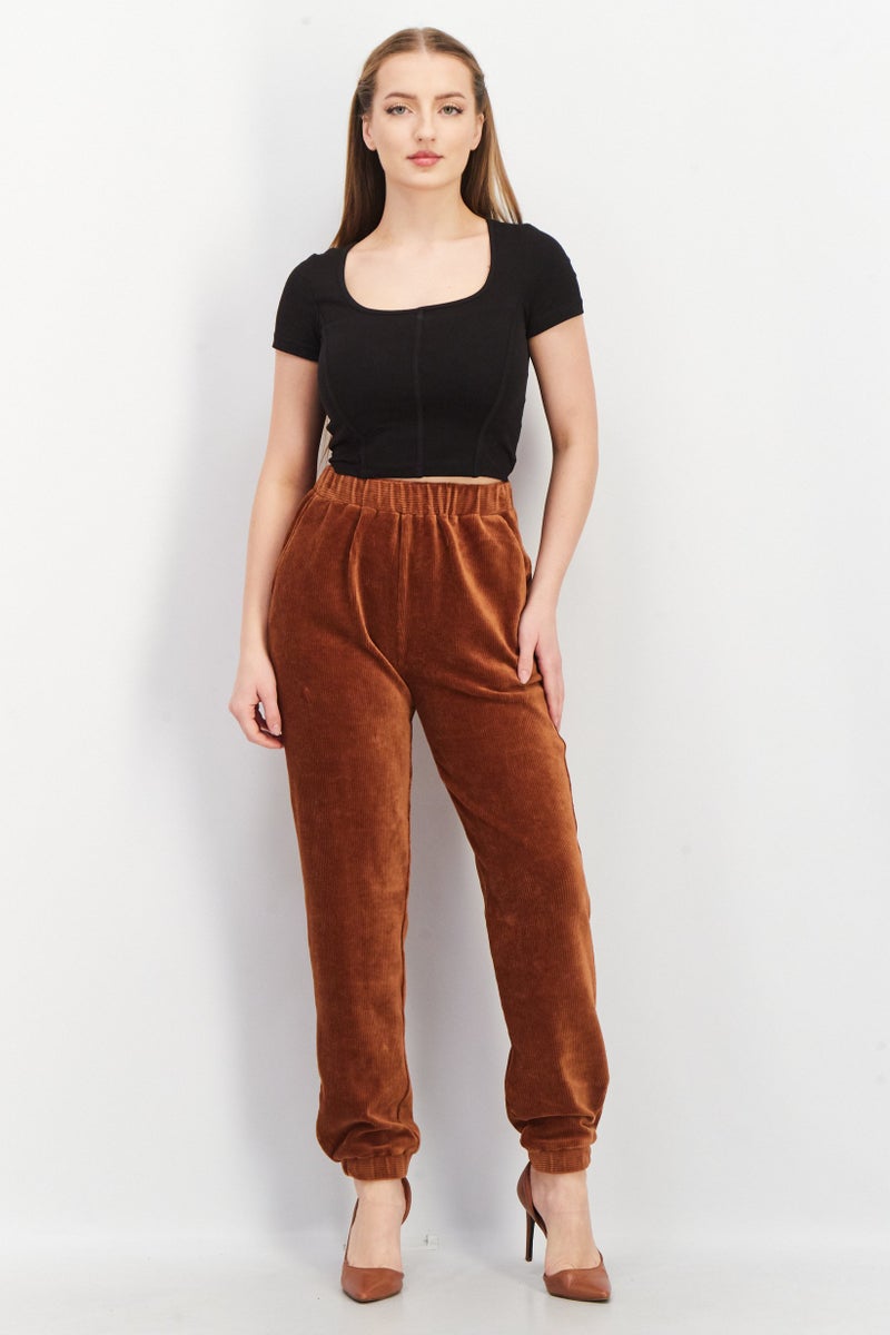 French Connection Women Regular Fit Textured Jogger Pants, Brown - Image 3
