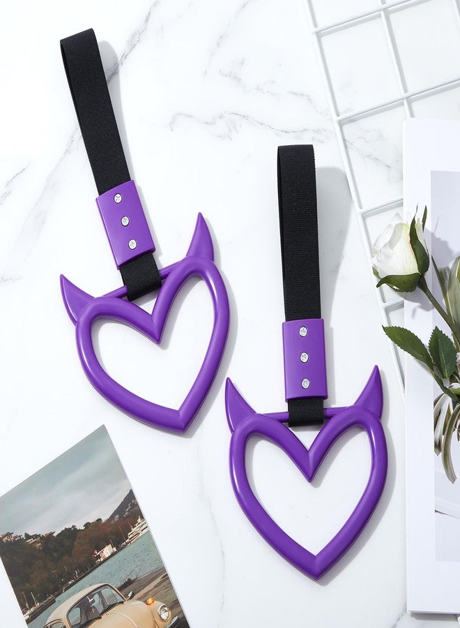 فاباي قطعتان من حلقات المقبض على شكل قلب، إكسسوار تحذيري للسيارة، حزام يد على شكل قلب، تعليقة انزلاق، حلقة تحذيرية للمصد الخلفي، ديكور داخلي وخارجي للسيارة والحافلة ومترو الأنفاق (أرجواني، نمط الشيطان) - Image 4