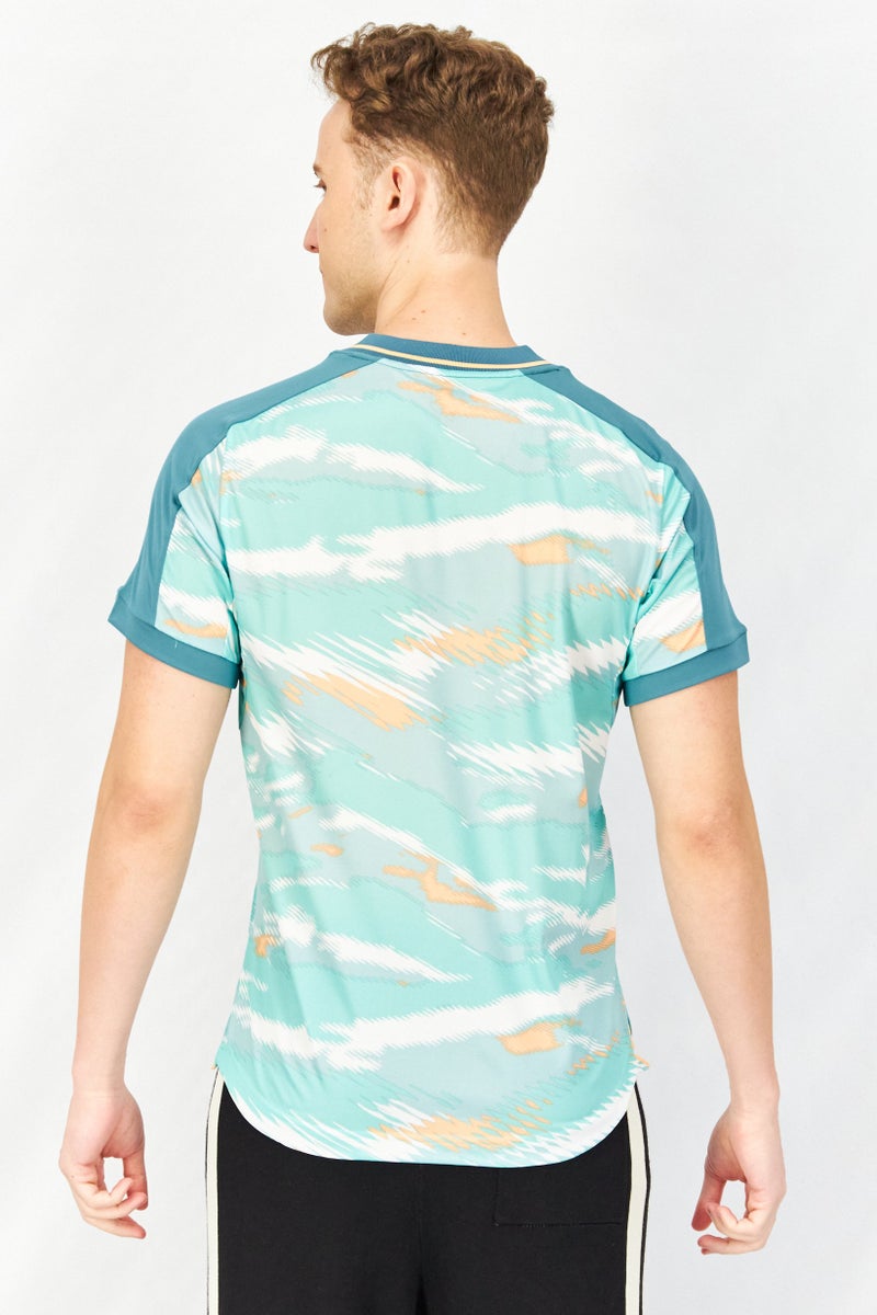 asics Men Slim Fit V-Neck Short Sleeve Jersey Shirt, Green Combo - Image 3