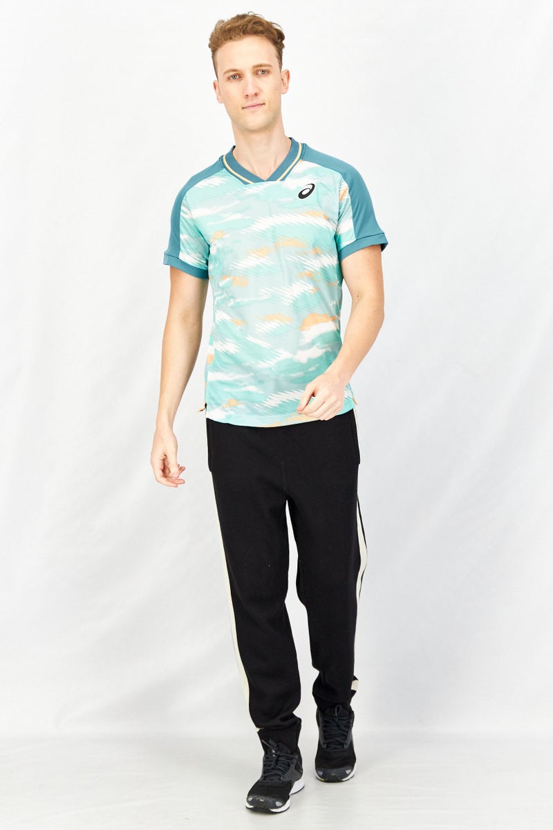 asics Men Slim Fit V-Neck Short Sleeve Jersey Shirt, Green Combo - Image 4