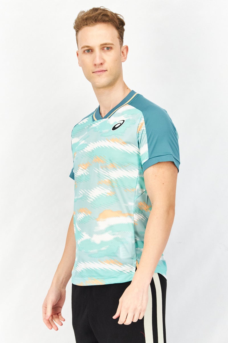 asics Men Slim Fit V-Neck Short Sleeve Jersey Shirt, Green Combo - Image 2