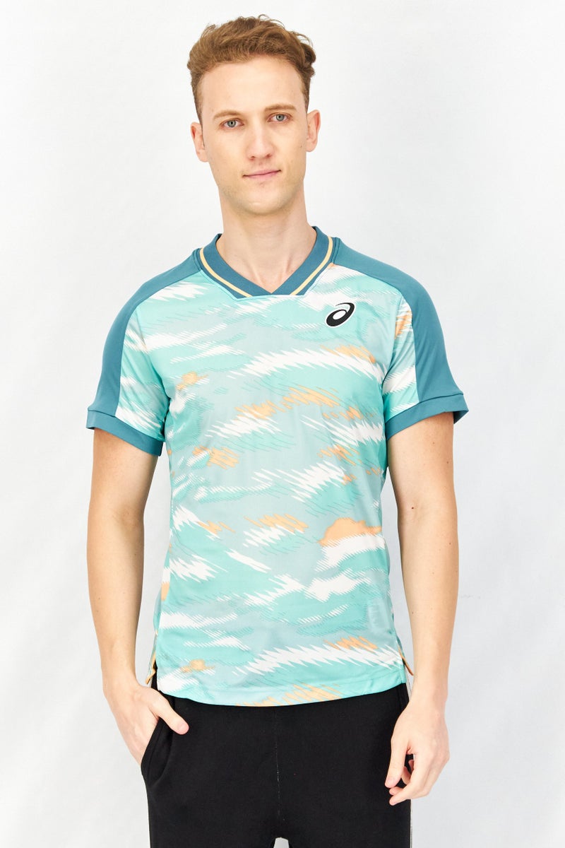 asics Men Slim Fit V-Neck Short Sleeve Jersey Shirt, Green Combo - Image 1
