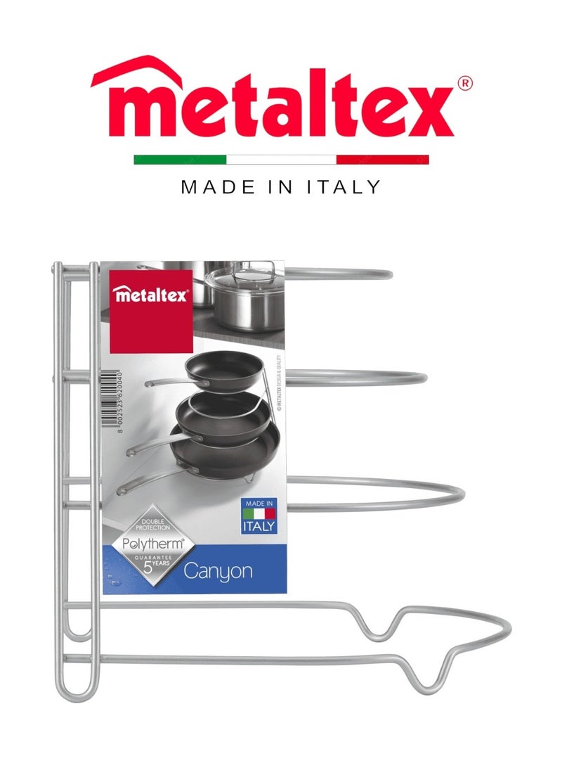 Metaltex Frypan Holder Canyon Silver – 4-Seat Frying Pan Organizer – Countertop, Cabinet, or Drawer Storage – Iron Wire Body with Polytherm® Metallic Coating - Image 1