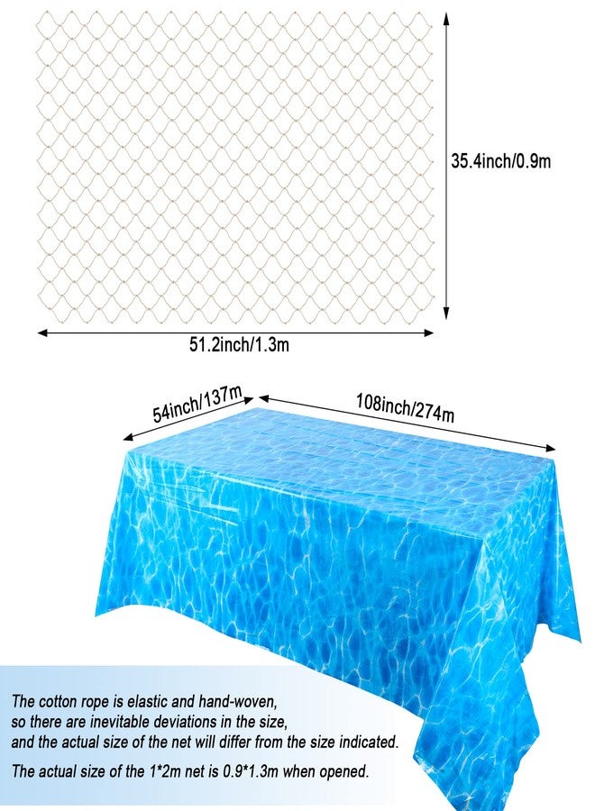 Tegeme 2 Pcs Fish Net Decorative and Ocean Waves Tablecloth Set, 1 Cotton Fishnet and 1 Plastic Water Print Table Cover for Ocean Birthday Party Decorations Baby Shower Party Supplies - Image 2