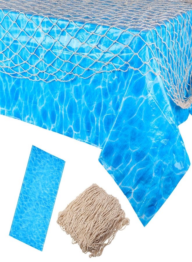 Tegeme 2 Pcs Fish Net Decorative and Ocean Waves Tablecloth Set, 1 Cotton Fishnet and 1 Plastic Water Print Table Cover for Ocean Birthday Party Decorations Baby Shower Party Supplies - Image 1