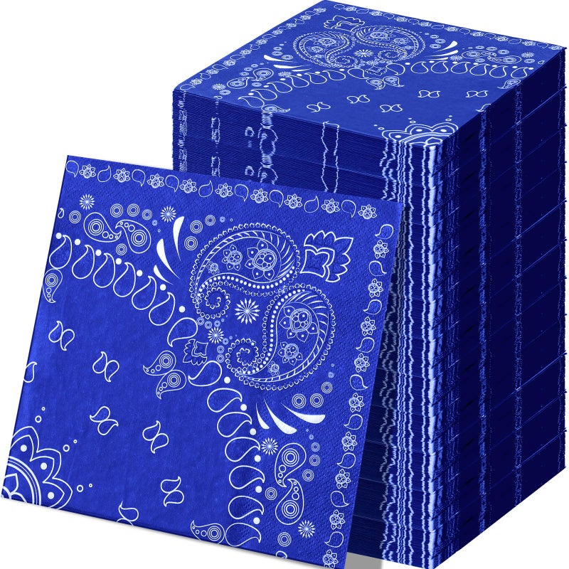 Teling Teling 2 Ply Western Party Bandana Napkins Disposable Paisley Print Paper Napkin Bulk Cowboy Theme Party Supplies for Western Cowboy Birthday Party Dinner Lunch Supplies  6.3"" x 6.3""(Blue)  - Image 1
