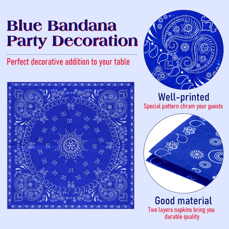 Teling Teling 2 Ply Western Party Bandana Napkins Disposable Paisley Print Paper Napkin Bulk Cowboy Theme Party Supplies for Western Cowboy Birthday Party Dinner Lunch Supplies  6.3"" x 6.3""(Blue)  - Image 3
