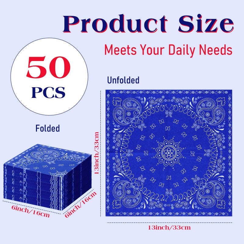 Teling Teling 2 Ply Western Party Bandana Napkins Disposable Paisley Print Paper Napkin Bulk Cowboy Theme Party Supplies for Western Cowboy Birthday Party Dinner Lunch Supplies  6.3"" x 6.3""(Blue)  - Image 2