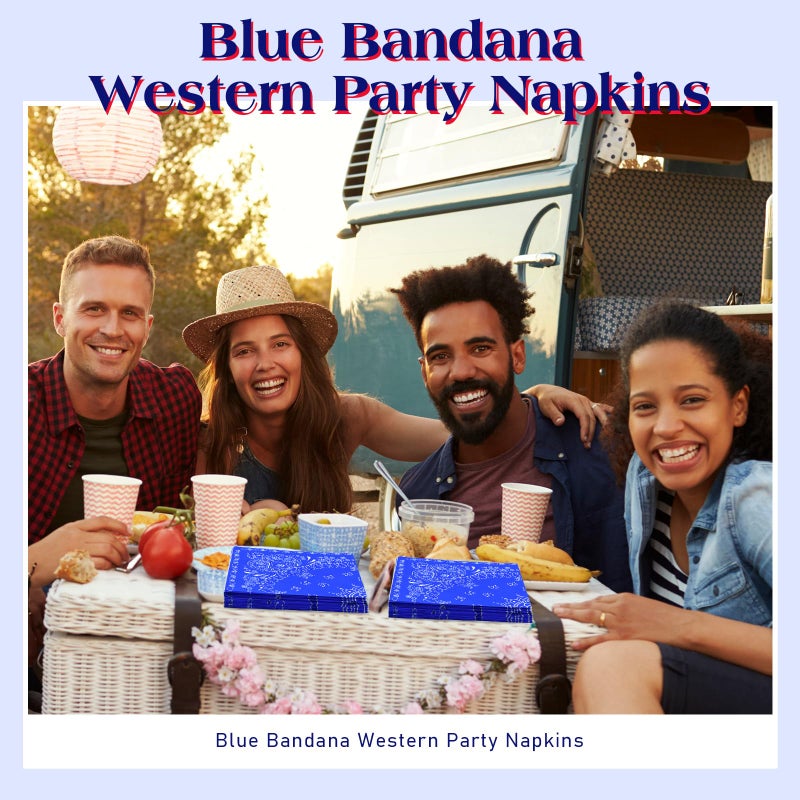 Teling Teling 2 Ply Western Party Bandana Napkins Disposable Paisley Print Paper Napkin Bulk Cowboy Theme Party Supplies for Western Cowboy Birthday Party Dinner Lunch Supplies  6.3"" x 6.3""(Blue)  - Image 5