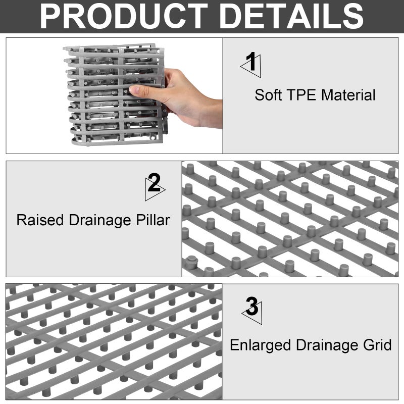 Tinideya 30 Pcs Interlocking Drainage Tiles 12" x 12" Anti-Slip Shower Floor Mat TPE Garage Floor Tile with Drain Holes Vented Deck Tiles for Bathroom,Garage,Kitchen,Swimming Pool,Pet Areas (Gray) - Image 3
