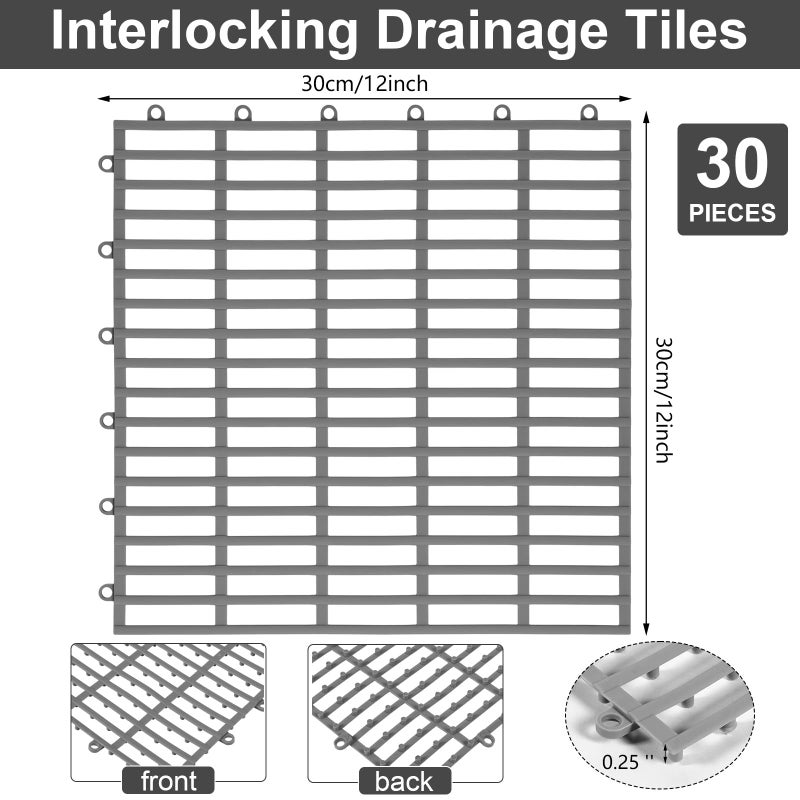 Tinideya 30 Pcs Interlocking Drainage Tiles 12" x 12" Anti-Slip Shower Floor Mat TPE Garage Floor Tile with Drain Holes Vented Deck Tiles for Bathroom,Garage,Kitchen,Swimming Pool,Pet Areas (Gray) - Image 2