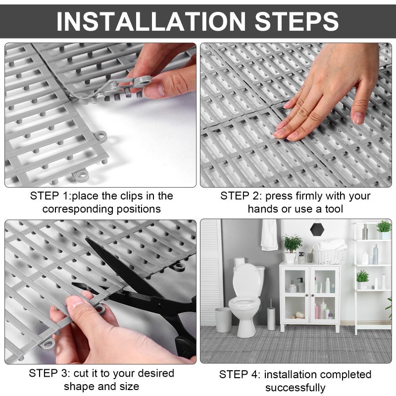 Tinideya 30 Pcs Interlocking Drainage Tiles 12" x 12" Anti-Slip Shower Floor Mat TPE Garage Floor Tile with Drain Holes Vented Deck Tiles for Bathroom,Garage,Kitchen,Swimming Pool,Pet Areas (Gray) - Image 5
