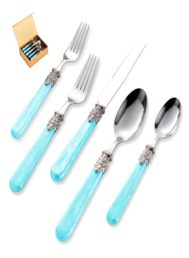 CATHYLIN 20 pieces Stainless Steel Vintage Flatware Sets With White Hanld,Silverware Set For 4,Dishware Safe(20, White) - Image 1