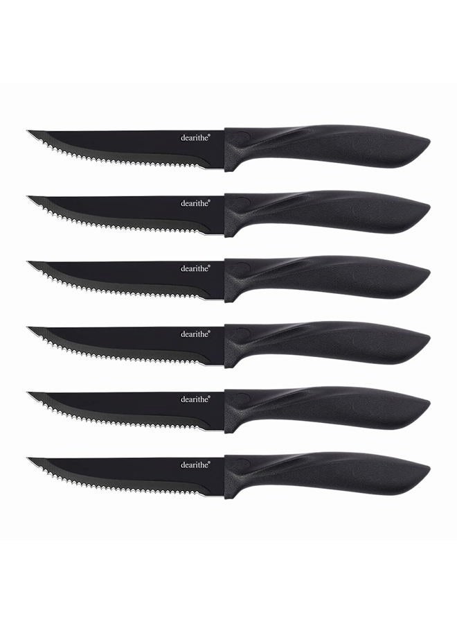 dearithe Steak knives set of 6, Black Serrated Stainless Steel Sharp Blade Flatware Steak Knife Set, 4.5 Inches,Non stick coating for Anti-rusting, for Restaurant Tableware Kitchen Camping - Image 1