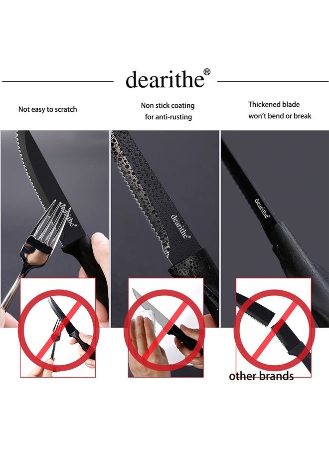 dearithe Steak knives set of 6, Black Serrated Stainless Steel Sharp Blade Flatware Steak Knife Set, 4.5 Inches,Non stick coating for Anti-rusting, for Restaurant Tableware Kitchen Camping - Image 4