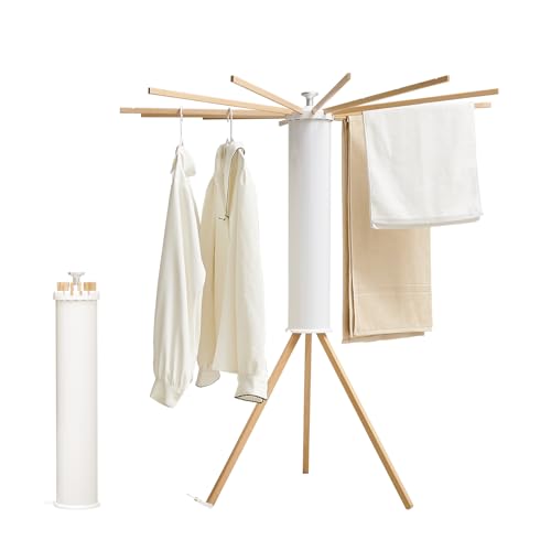JOOM Tripod Clothes Drying Rack, Garment Rack Portable and Foldable Space Saving Laundry Drying Rack - Drying Rack Clothing 12 Rods Wooden - Image 1