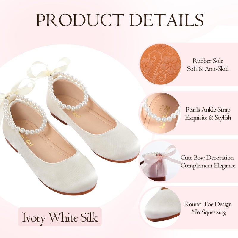 MEJORMEN Flower Girl Shoes Girls Dress Shoe Toddler Mary Jane Ballet Flats Princess Lace-Up Pearl Ankle Strap Dress Shoes for Wedding Party School - Image 5