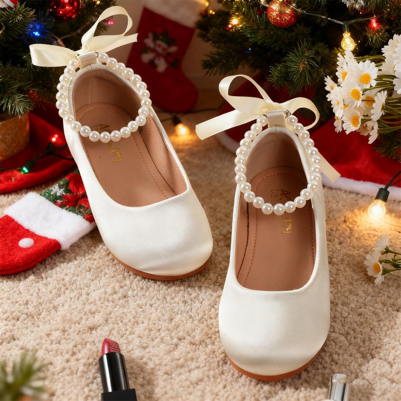 MEJORMEN Flower Girl Shoes Girls Dress Shoe Toddler Mary Jane Ballet Flats Princess Lace-Up Pearl Ankle Strap Dress Shoes for Wedding Party School - Image 3
