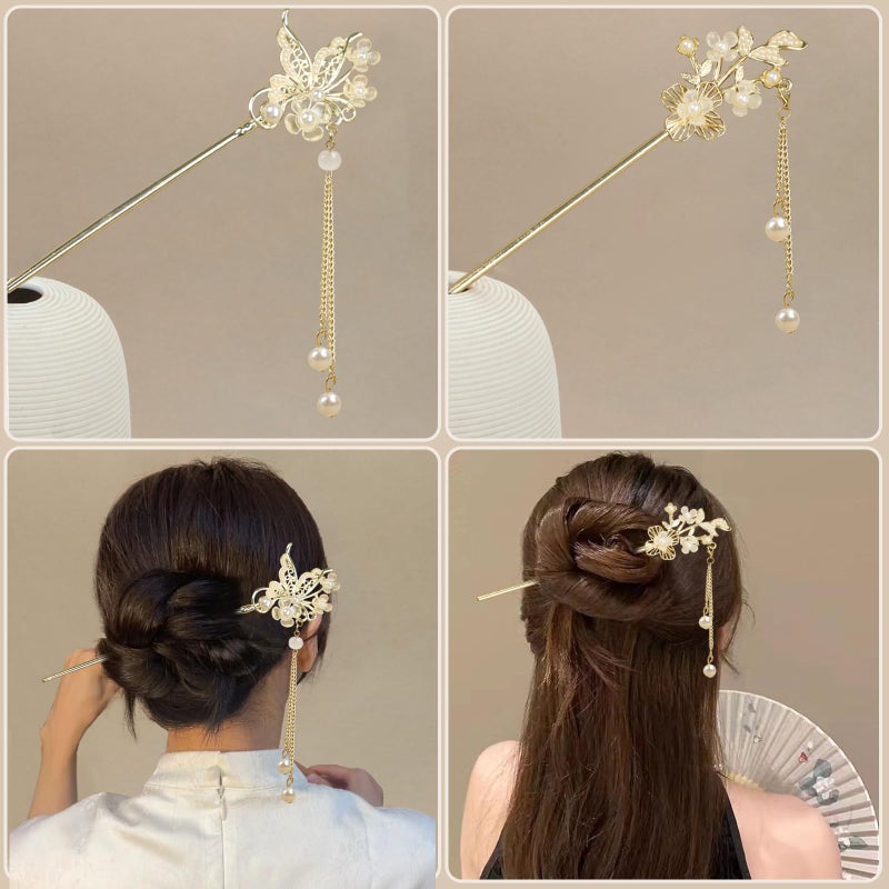 BQSAZHYJ 2Packs Lily of the Valley Chinese Hair Sticks for Buns, Pearl Flower Vintage Metal Hair Chopsticks for Women and Girls Dangle Tassel Pendant Accessories Hanfu Handmade Decor Hairpin (pearl white) - Image 4