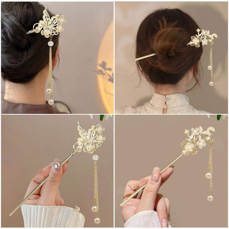 BQSAZHYJ 2Packs Lily of the Valley Chinese Hair Sticks for Buns, Pearl Flower Vintage Metal Hair Chopsticks for Women and Girls Dangle Tassel Pendant Accessories Hanfu Handmade Decor Hairpin (pearl white) - Image 2