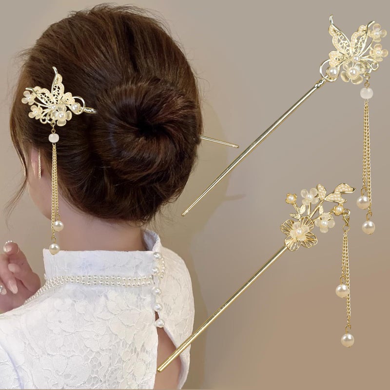 BQSAZHYJ 2Packs Lily of the Valley Chinese Hair Sticks for Buns, Pearl Flower Vintage Metal Hair Chopsticks for Women and Girls Dangle Tassel Pendant Accessories Hanfu Handmade Decor Hairpin (pearl white) - Image 1
