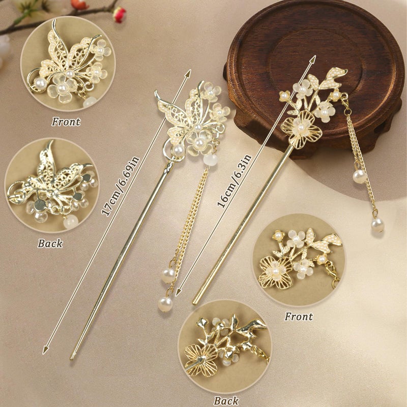 BQSAZHYJ 2Packs Lily of the Valley Chinese Hair Sticks for Buns, Pearl Flower Vintage Metal Hair Chopsticks for Women and Girls Dangle Tassel Pendant Accessories Hanfu Handmade Decor Hairpin (pearl white) - Image 3