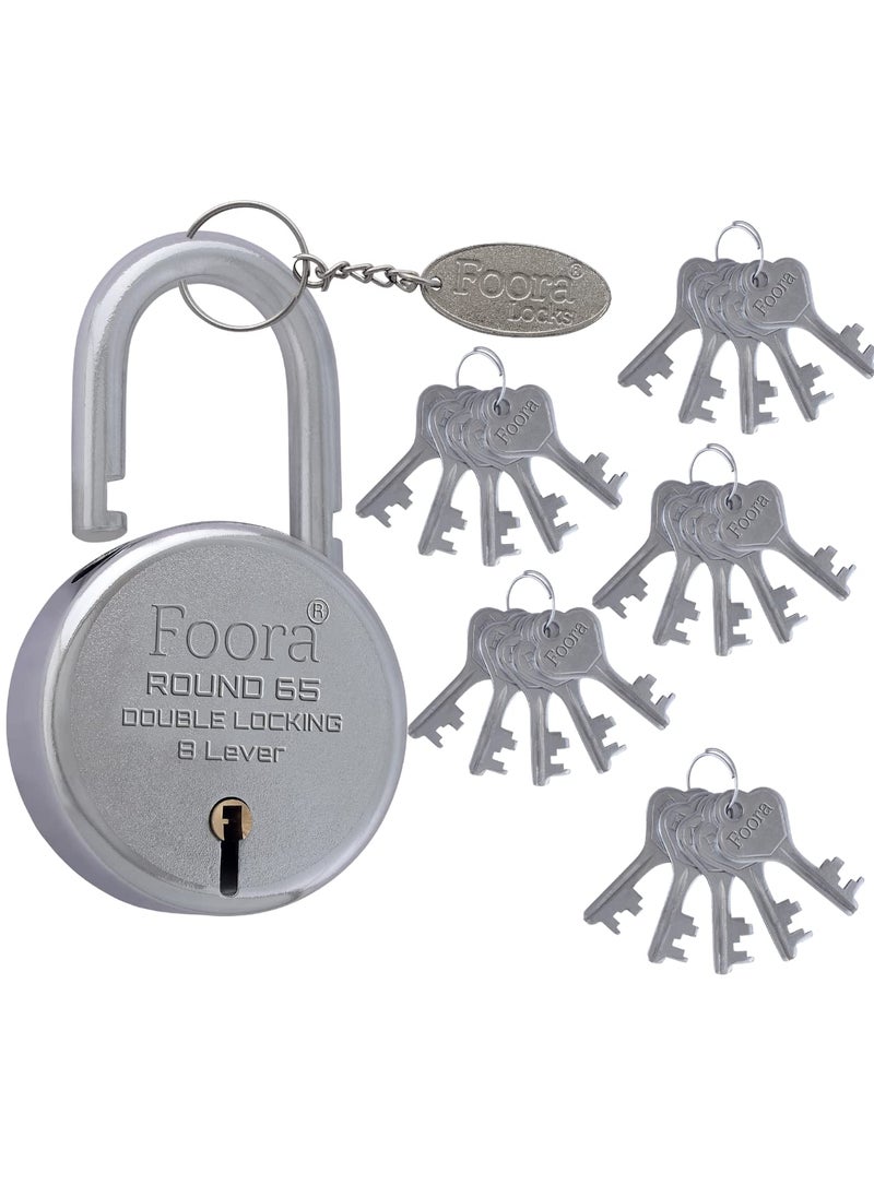 Foora Foora Aligarh Round 65mm Lock Metal Body Double Locking 8 Steel Levers 25 Keys with Keychain Silver Finish HighSecurity Padlock for Doors Gates Shutters Made in India  - Image 1