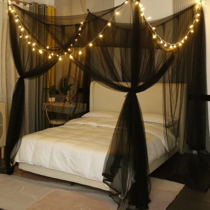 CANOPY BED CURTAINS WITH LIGHTSELEGANT BED CANOPY CURTAINS BED NETTING FOR FULL QUEEN KING SIZE BEDHALLOWEEN DECORATIONGOTHIC BLACK ROOM DECOR AESTHETIC