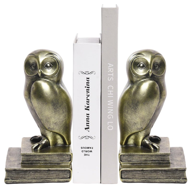 Kakizzy Vintage Gold Owl Bookends,Resin Animal Decorative Book Ends for Shelves,Book Holder with Anti-Slip Base,Luxurious Bird Bookends for Kids Rooms Office Home Decor,Unique Book Lover Gift - Image 1