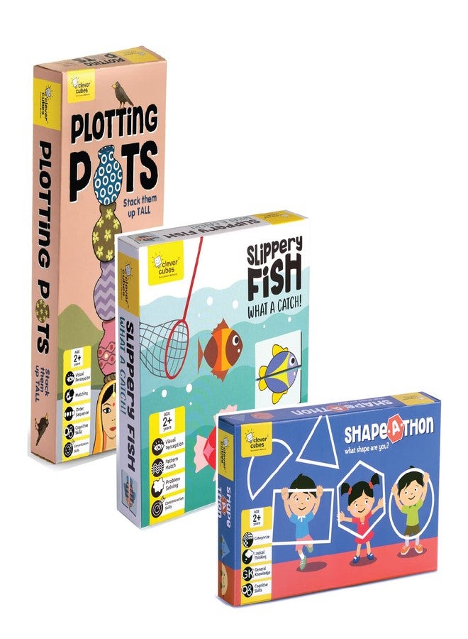 Clever Cubes: Activity Games Pack of 3: Plotting Pots, Slippery Fish, SHAPE-A-THON (Ages 2-4) - Image 1