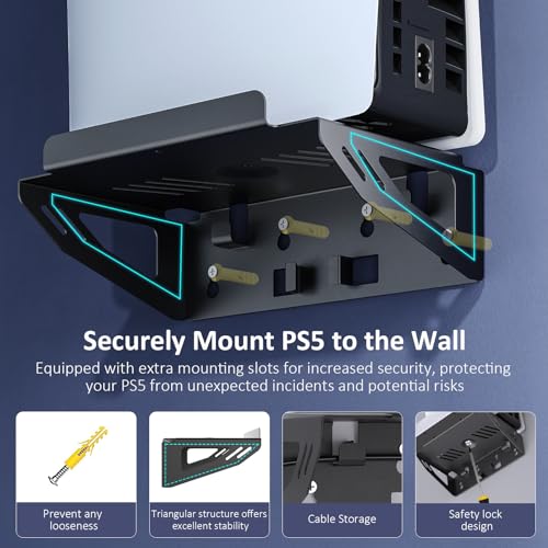 NexiGo PS5 (All Versions) Wall Mount Kit with Charging Station for PS5/PS5 Slim/PS5 Pro Consoles, Regular and DualSense_Edge Controllers, Stable Metal Wall Hanging Stand with LED Indicator - Image 2