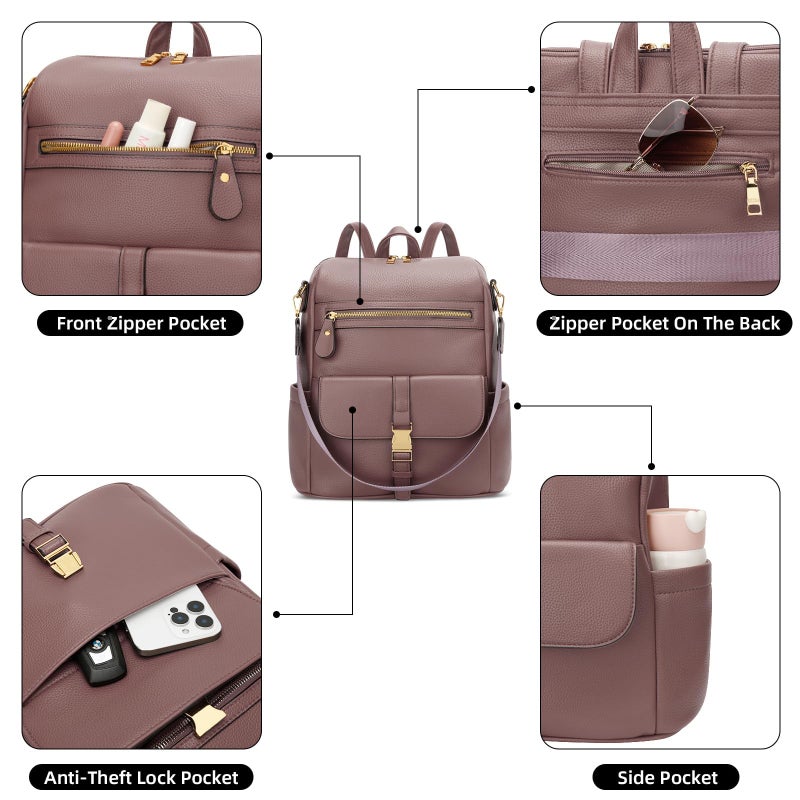 KKXIU Backpack Purse for Women - PU Leather Ladies Backpack for Daily with Anti-Theft Lock Pocket, Small Daypack with Luggage Strap & Water Bottle Pockets (Dark Pink) - Image 3
