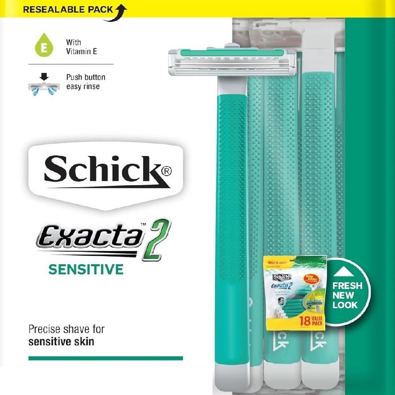 schick شيفك إكزاكتا2 ماكينة حلاقة حساسة بشفرة مزدوجة قابلة للتصرف للرجال - 12+6 عبوة مع فيتامين E و الألوة فيرا - Image 2