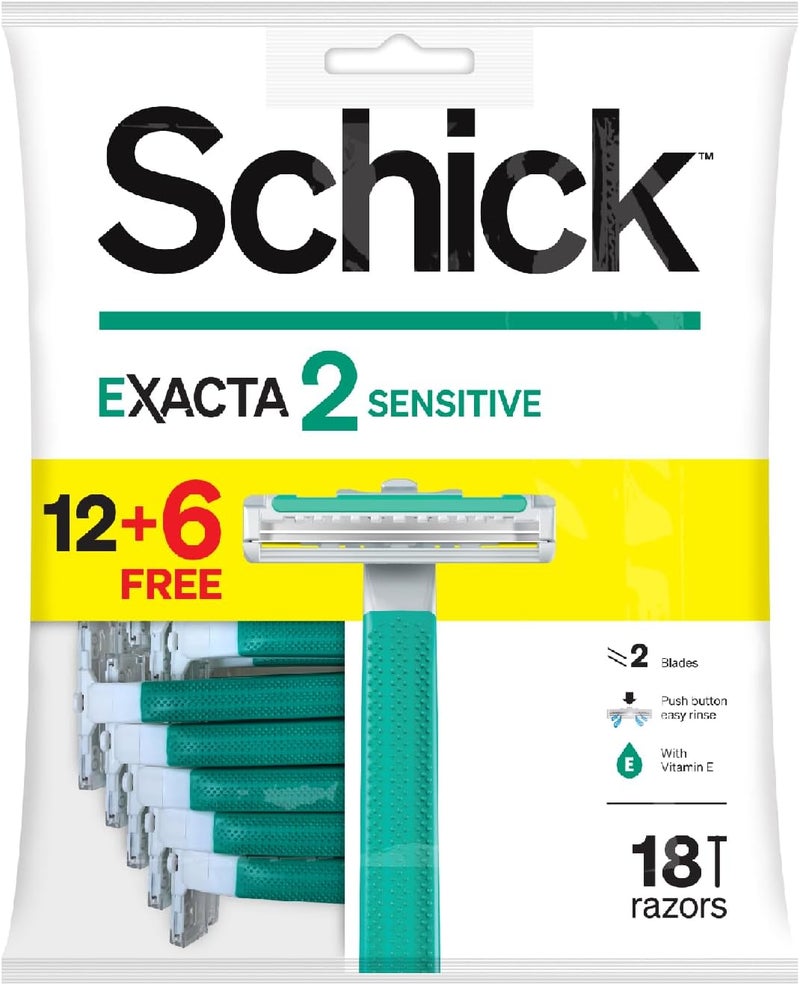 schick شيفك إكزاكتا2 ماكينة حلاقة حساسة بشفرة مزدوجة قابلة للتصرف للرجال - 12+6 عبوة مع فيتامين E و الألوة فيرا - Image 1