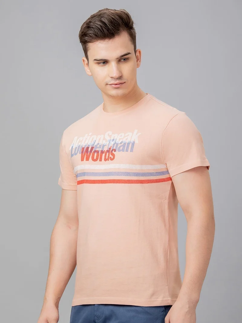 globus Globus Men Peach Printed Cotton Round Neck Regular Fit T-shirt