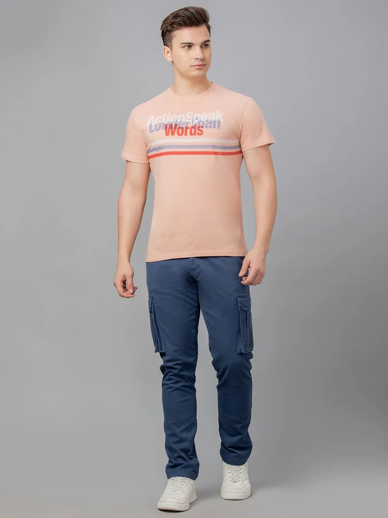 globus Globus Men Peach Printed Cotton Round Neck Regular Fit T-shirt